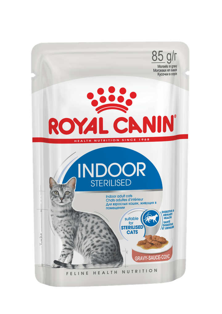 паучи royal canin indoor sterilised в соусе для стерилизованных кошек, живущих в помещении