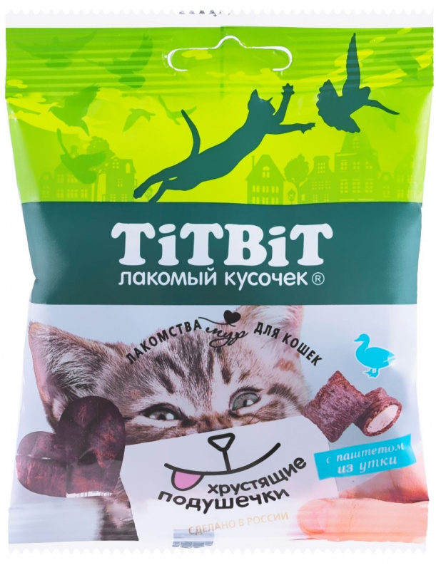 лакомство для кошек "titbit" (титбит) хрустящие подушечки с паштетом из утки
