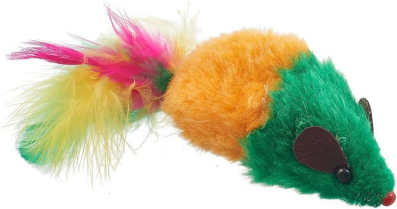 игрушка для кошек "зооник" мышь с длинным мехом и перьями (градиент) 1 шт
