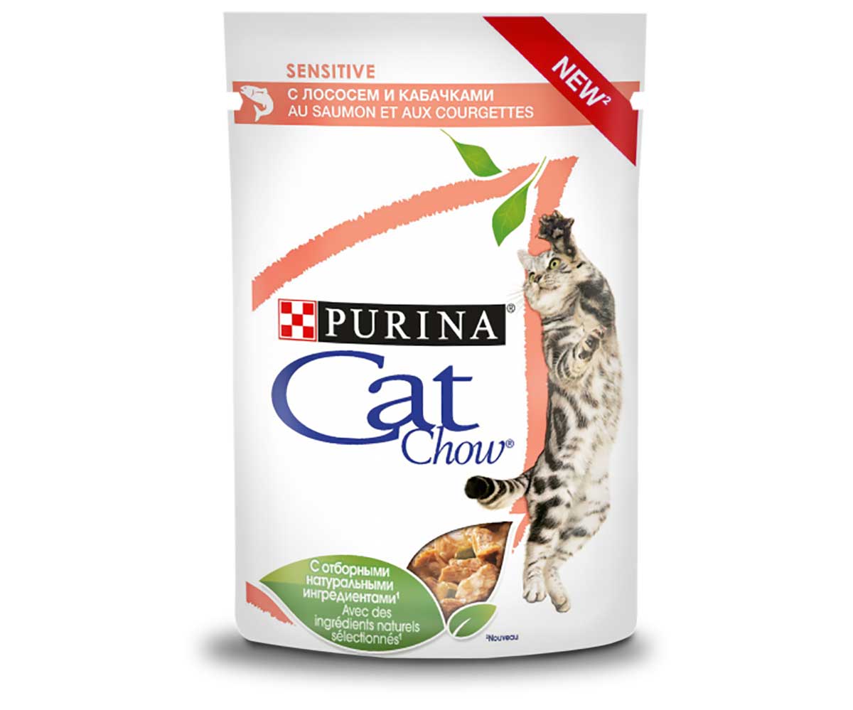 паучи для кошек с чувствительным пищеварением "cat chow" (кэт чао) с лососем и кабачками в соусе