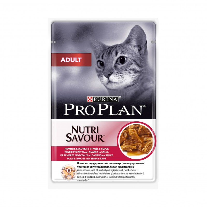 паучи для взрослых кошек "pro plan nutrisavour adult" (проплан) с уткой в соусе