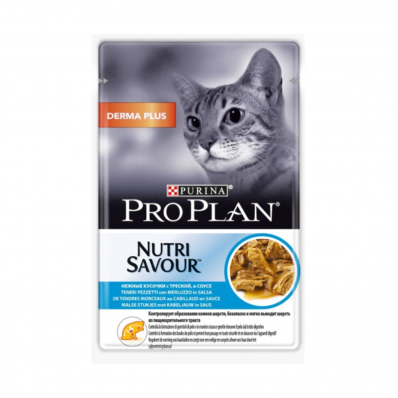 паучи для кошек для вывода шерсти "pro plan nutrisavour derma plus" (проплан)  с треской в соусе