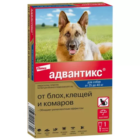 капли "адвантикс" от блох, клещей и комаров для собак весом от 25 до 40 кг (1 пипетка)