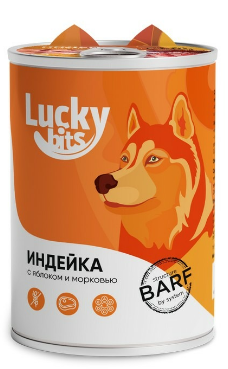 полнорационный консервированный корм "lucky bits" (лаки битс) для собак всех пород с 6 месяцев с индейкой, яблоком и морковью