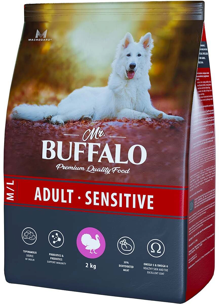 сухой корм для собак средних и крупных пород с чувствительным пищеварением "mr. buffalo m/l sensitive" с индейкой