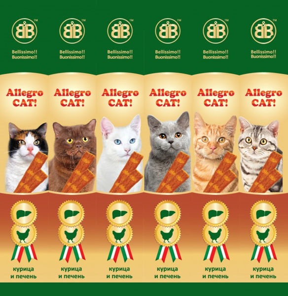 лакомство для кошек "b&b allegro cat!" (аллегро кэт) колбаски с курицей и печенью (6 шт)