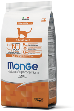 сухой корм для стерилизованных кошек "monge monoprotein sterilised" (монж) с уткой
