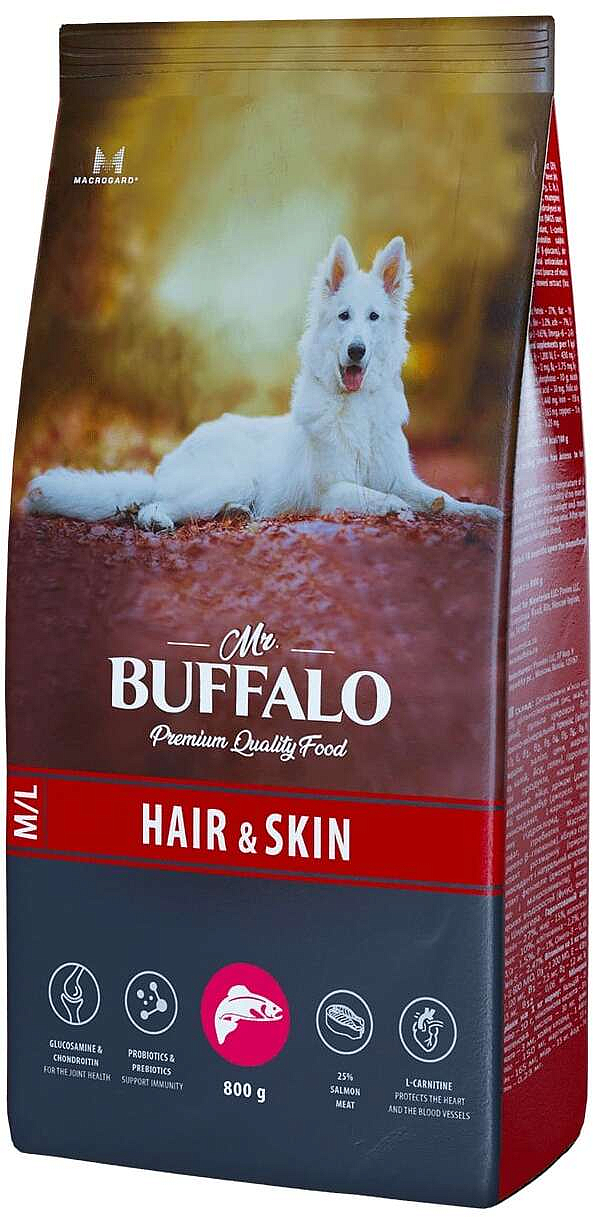 сухой корм для собак всех пород для поддержания здоровья кожи и шерсти "mr. buffalo hair&skin" с лососем
