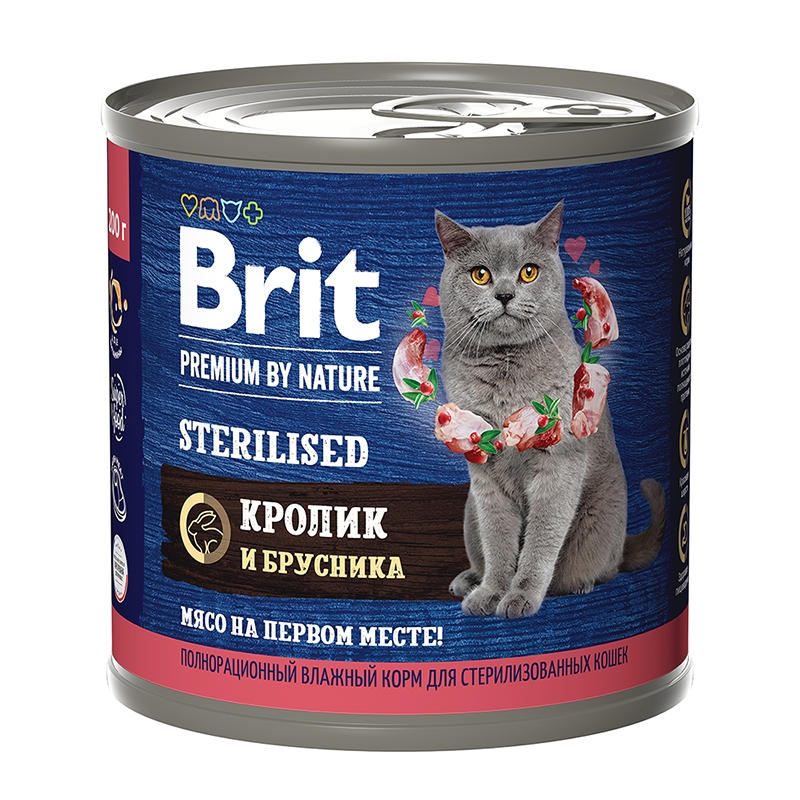 консервы для стерилизованных кошек "brit premium by nature"(брит) с мясом кролика и брусникой