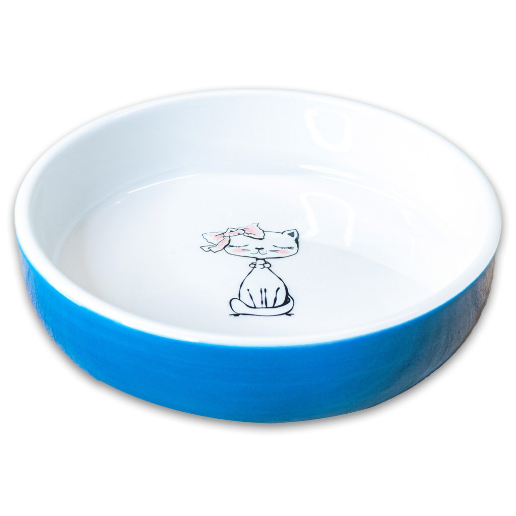 миска керамическая для кошек "mr.kranch" кошка с бантиком, 370 мл (голубая)