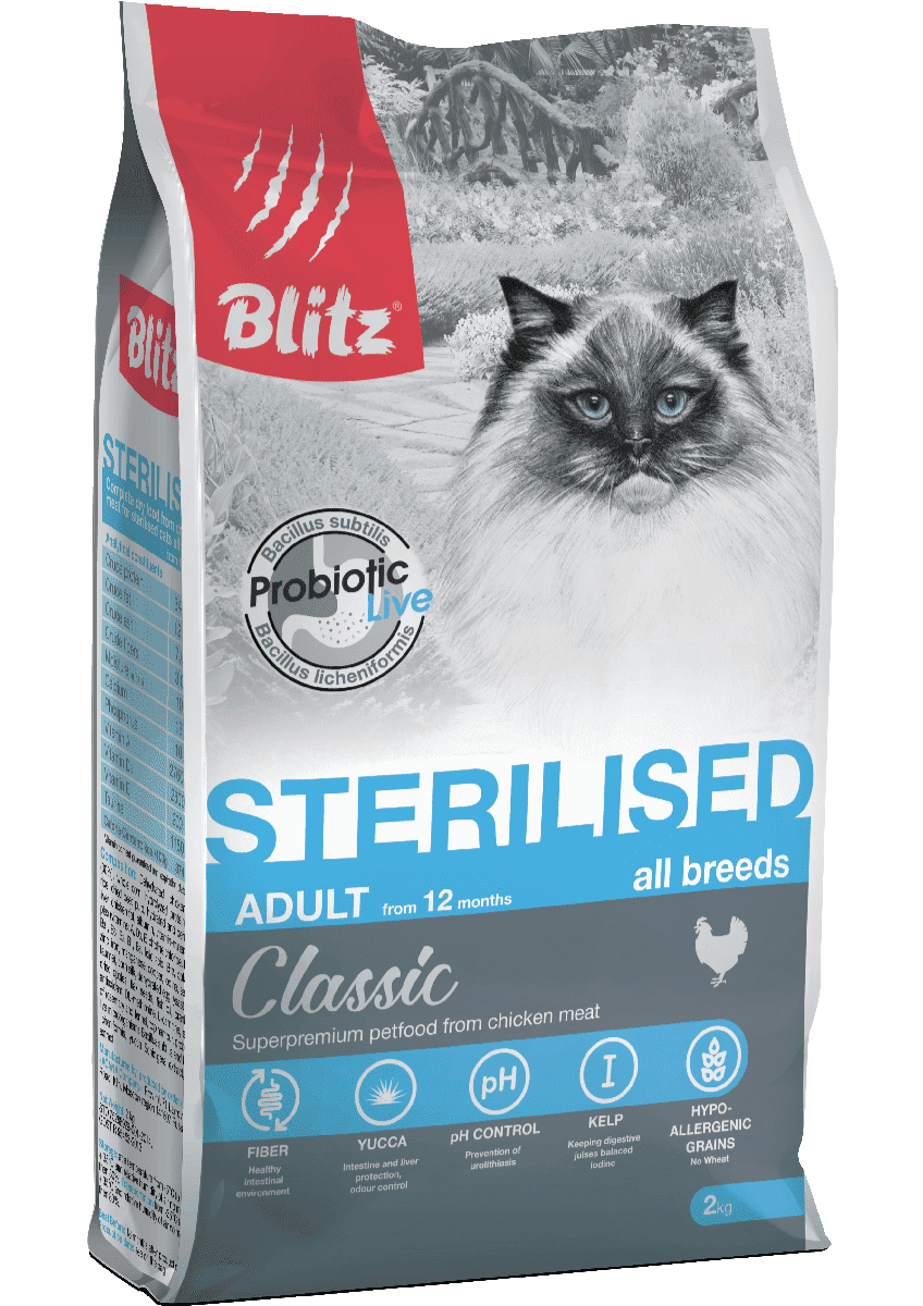 сухой корм  для стерилизованных кошек "blitz classic sterilised" (блиц) с курицей