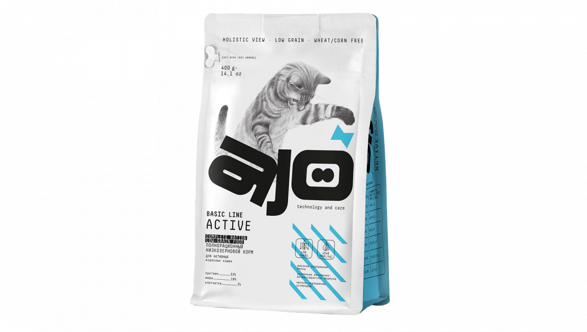 сухой полнорационный корм для активных взрослых кошек "ajo cat holistic аctive" (айо) с идейкой