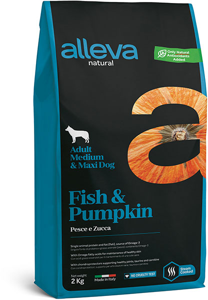низкозерновой сухой корм для взрослых собак средних и крупных пород "alleva natural fish & pumpkin medium/maxi"(аллева натурал медиум/макси) с рыбой и тыквой