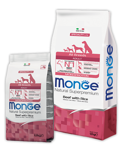 сухой корм для собак всех пород "monge dog monoprotein all breeds beef and rice" с говядиной и рисом
