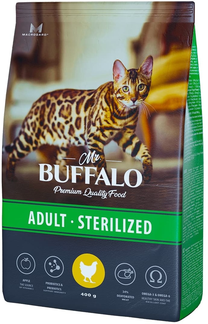 сухой корм для стерилизованных кошек "mr. buffalo sterilized" (мр. баффало) с курицей