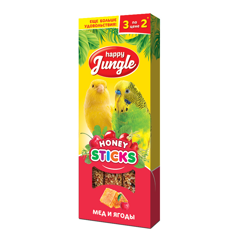 лакомство для птиц "happy jungle" (хэппи джангл) палочки с медом и ягодами, 3 шт