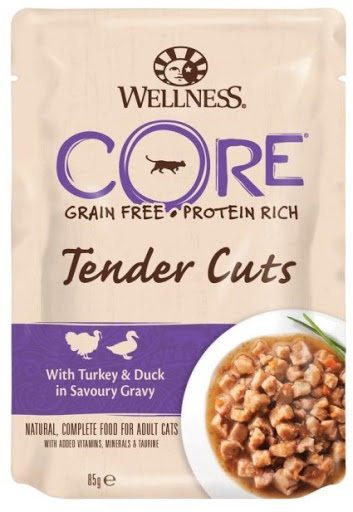 паучи для кошек "wellness core tender cuts" индейка с уткой в виде нарезки в соусе для кошек, 85 г