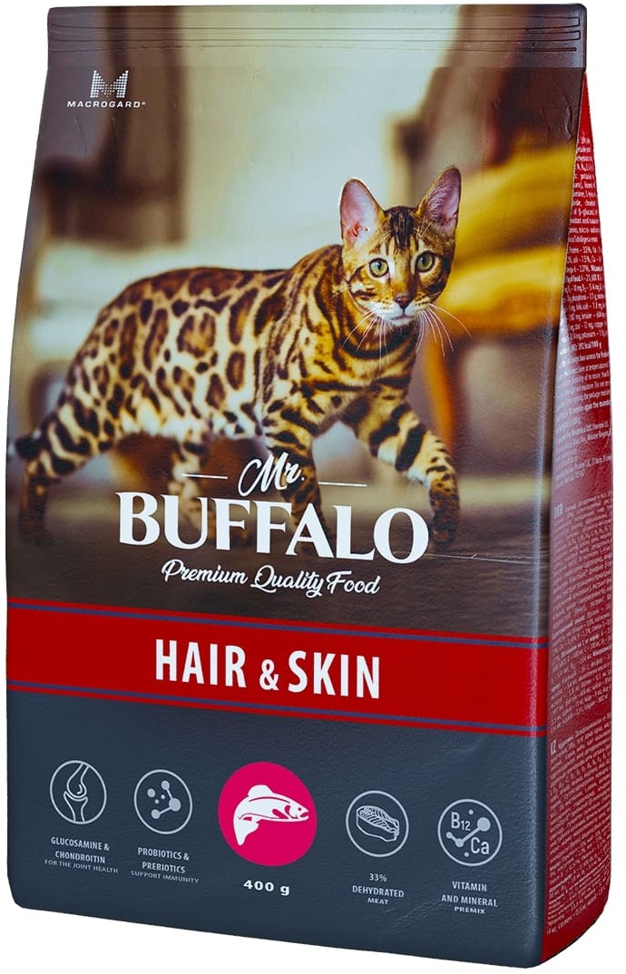 сухой корм для кошек для поддержания здоровья кожи и шерсти "mr. buffalo hair&skin" (мр. баффало) с лососем