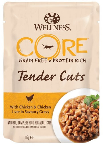 паучи для кошек "wellness core tender cuts" из курицы с куриной печенью в виде нарезки в соусе, 85 г