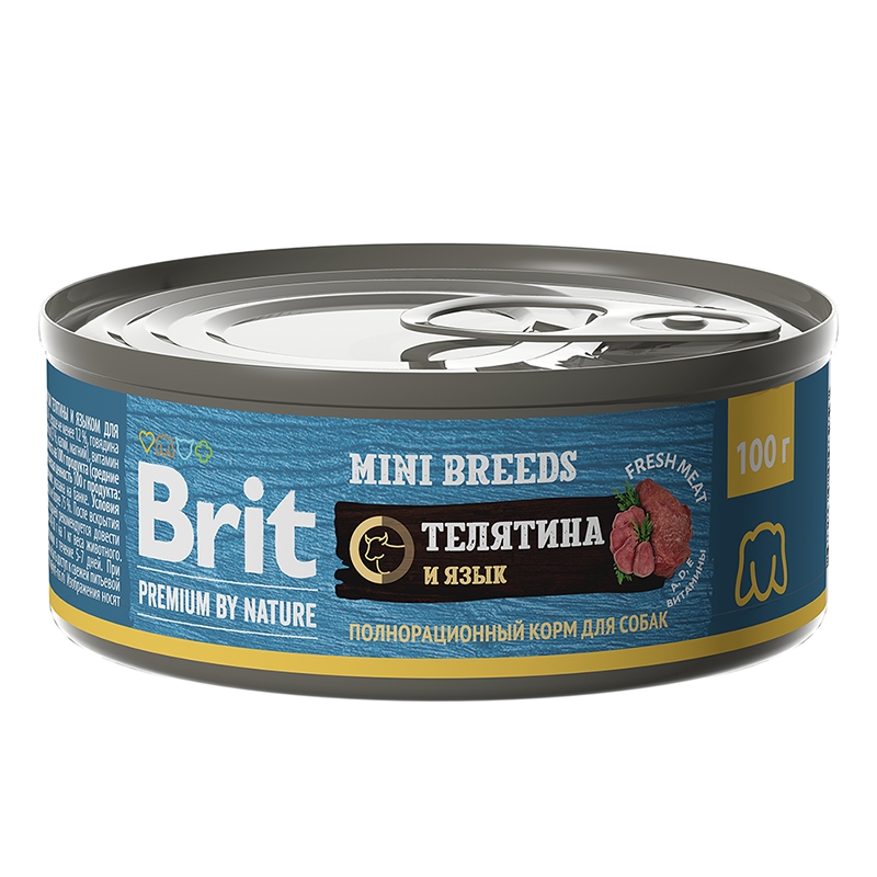 консервы для взрослых собак мелких пород "brit premium by nature"(брит) с телятиной и языком