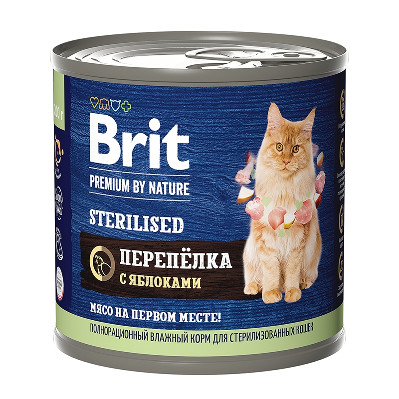 консервы для стерилизованных кошек "brit premium by nature"(брит) с мясом перепёлки и яблоком