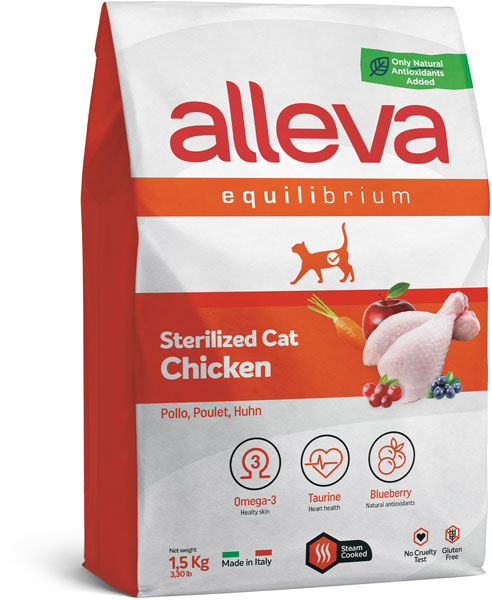 полнорационный сухой корм для стерилизованных кошек и кастрированных котов "alleva equilibrium sterilized chicken"(аллева эквилибриум стерил чикен) с курицей