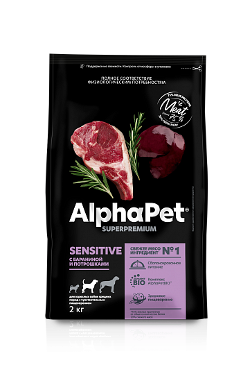 сухой корм для взрослых собак средних пород с чувствительным пищеварением "alphapet superpremium"(альфапет суперпремиум) с бараниной и потрошками