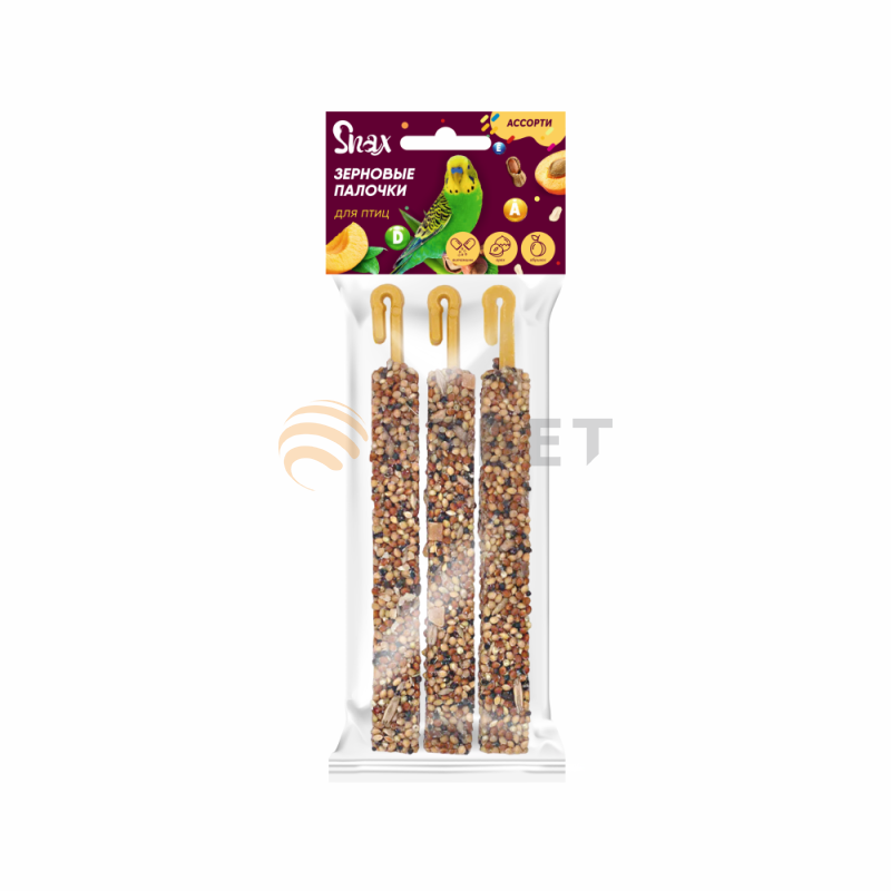 зерновые палочки для птиц "snax" ассорти (витамины и минералы, орех, абрикос), 3шт*75 г