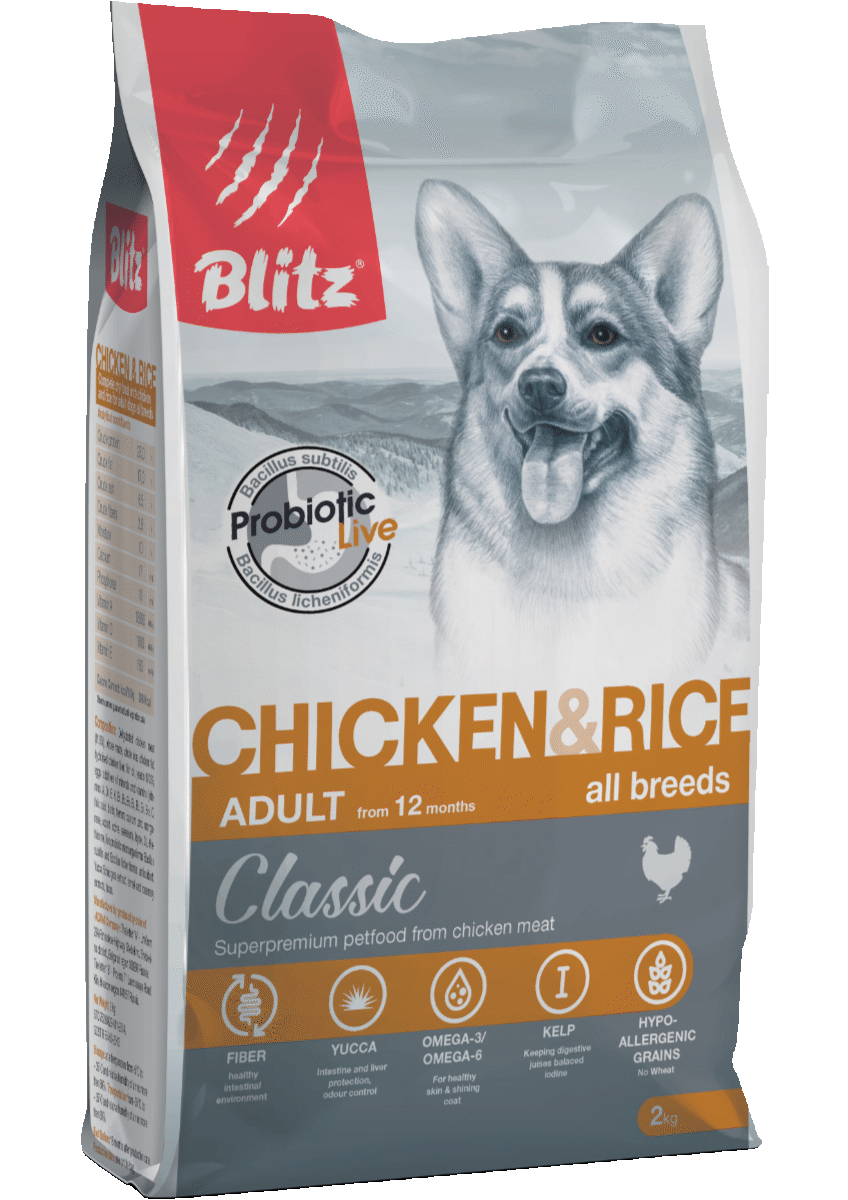 сухой корм для собак всех пород "blitz classic" (блиц) курица с рисом