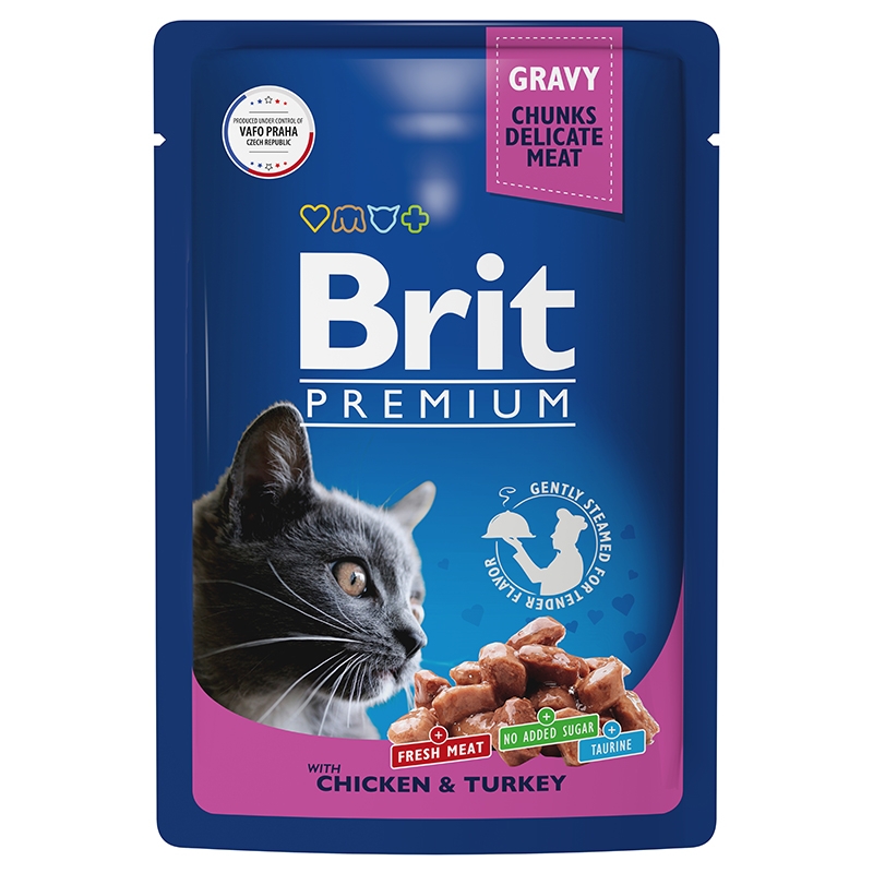 паучи для кошек "brit premium" (брит) с курицей и индейкой в соусе
