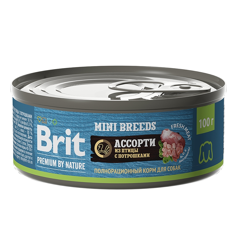 консервы для взрослых собак мелких пород "brit premium by nature"(брит) с ассорти из птицы с потрошками