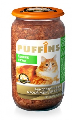 консервы для кошек "puffins" с кроликом и гусём