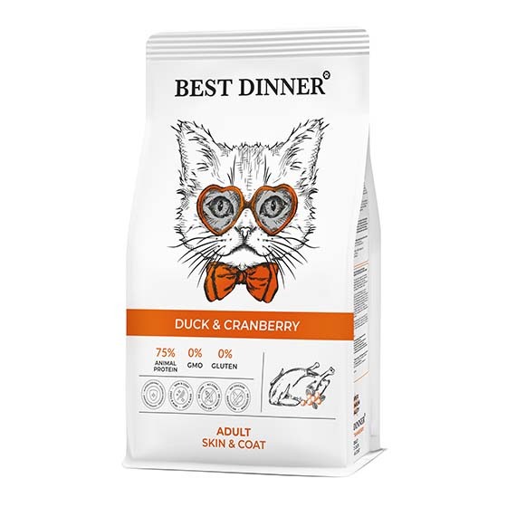 сухой корм для кошек "best dinner adult cat duck & cranberry" (бест диннер) уход за кожей и шерстью с уткой и клюквой