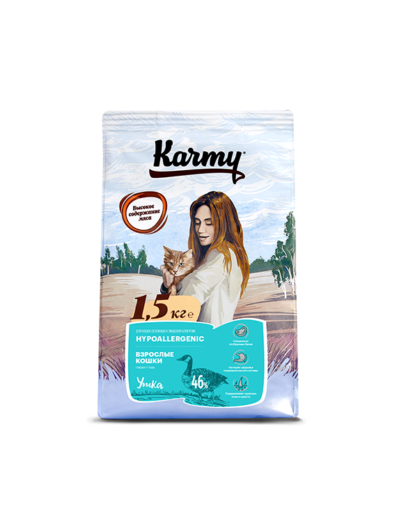 сухой корм для кошек склонных к пищевой аллергии "karmy hypoallergenic" (карми) с уткой