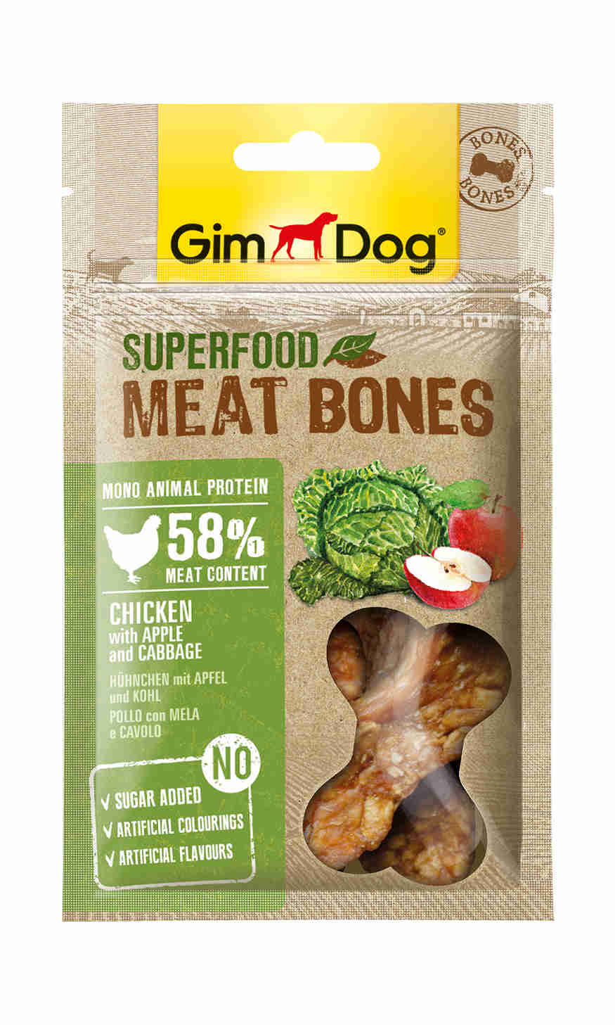 лакомство для собак "gimdog superfood" мясные косточки из курицы с яблоком и капустой