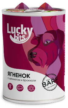 полнорационный консервированный корм "lucky bits" (лаки битс) для собак всех пород с 6 месяцев с ягненком, брокколи и шпинатом