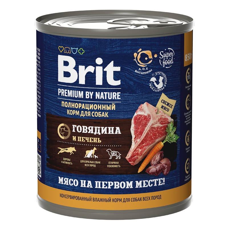 консервы для взрослых собак "brit premium by nature" (брит) с говядиной и печенью