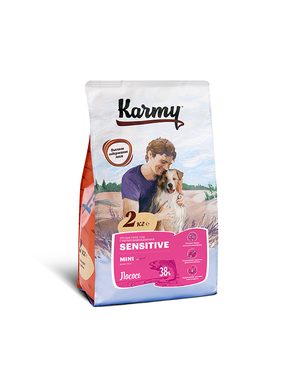 сухой корм для собак мелких пород с чувствительным пищеварением "karmy sensitive mini" (карми) с лососем