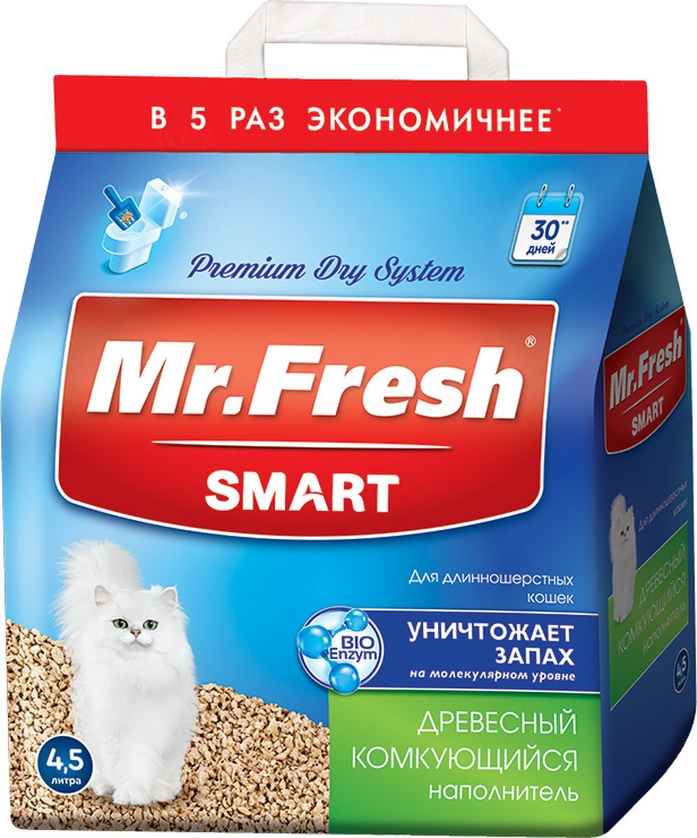 наполнитель для кошачьего туалета "mr. fresh smart" древесно-комкующийся, для длинношерстных кошек