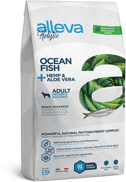 беззерновой сухой корм для взрослых собак средних и крупных пород "alleva holistic ocean fish + hemp & aloe vera medium/maxi"(аллева холистик медиум/макси) с океаническая рыбой, коноплей и алое вера
