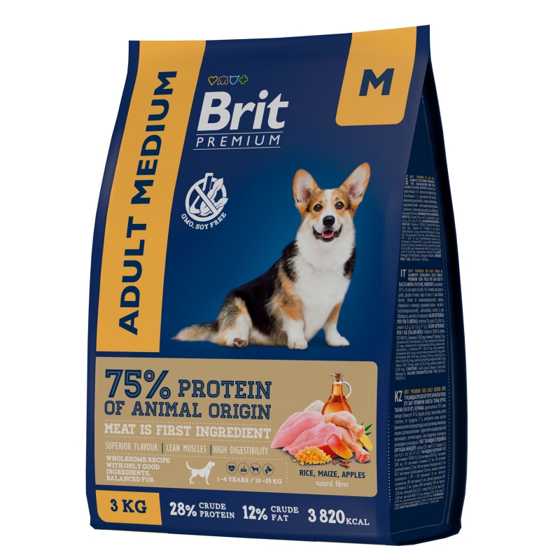 сухой корм для взрослых собак средних пород "brit premium dog adult medium" (брит м) с курицей