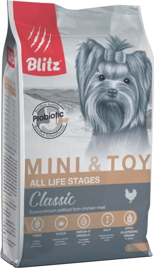 сухой корм для собак мелких и миниатюрных пород "blitz classic mini&toy" (блиц) с курицей