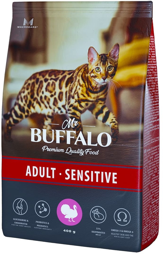 сухой корм для кошек с чувствительным пищеварением "mr. buffalo sensetive" (мр. баффало) с индейкой