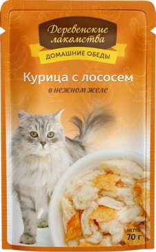 паучи для кошек "деревенские лакомства домашние обеды" курица с лососем в нежном желе 70 г