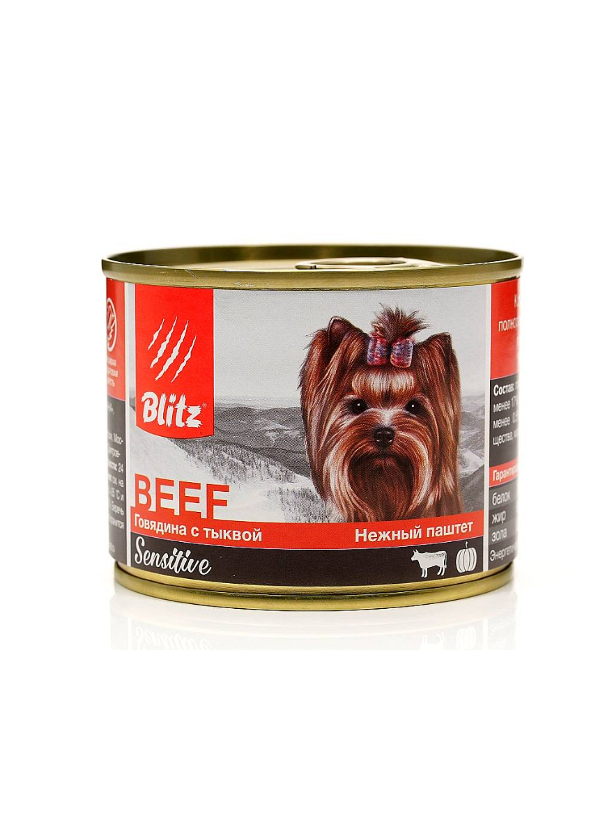 консервированный корм для собак мелких пород всех возрастов "blitz sensitive" (блиц) говядина с тыквой