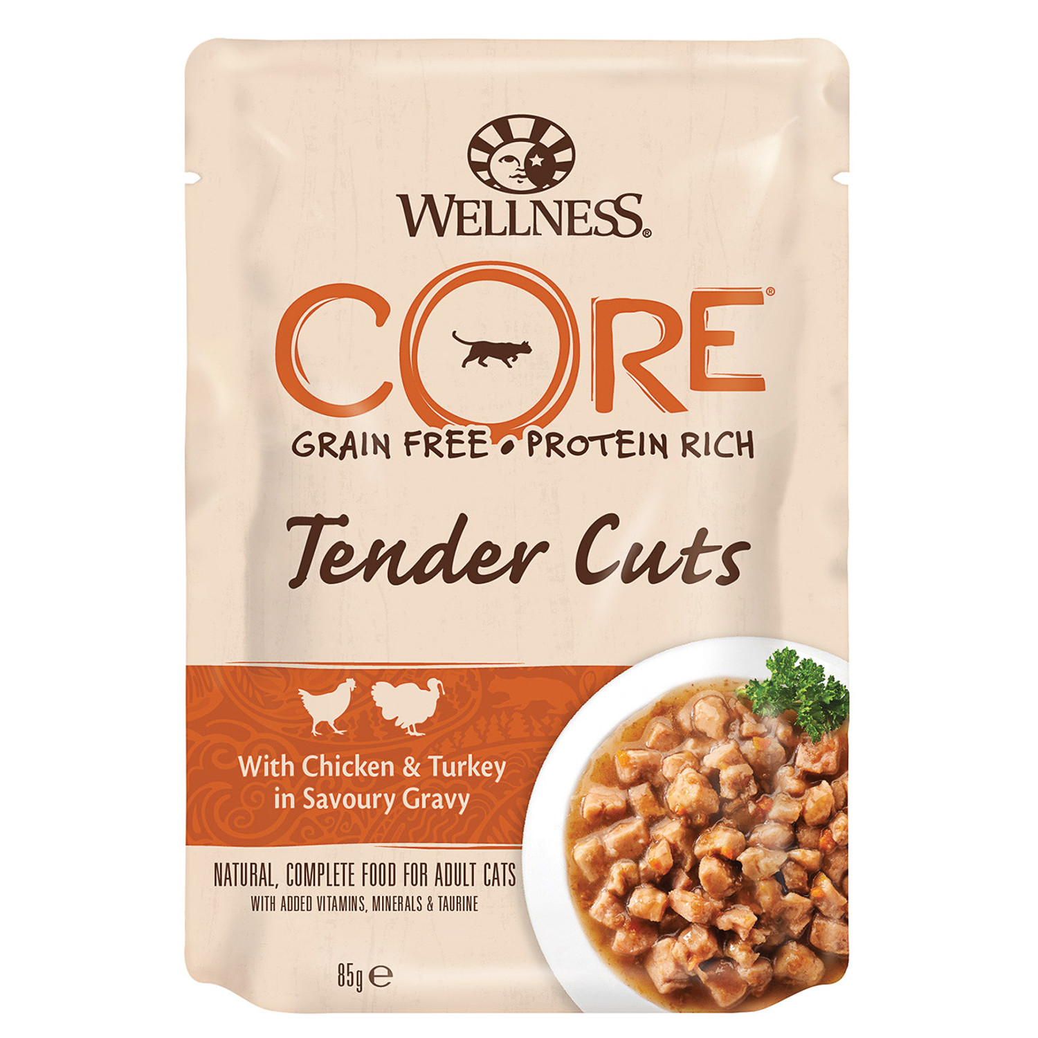 паучи для кошек "wellness core tender cuts" с курицей и индейкой в виде нарезки в соусе, 85 г
