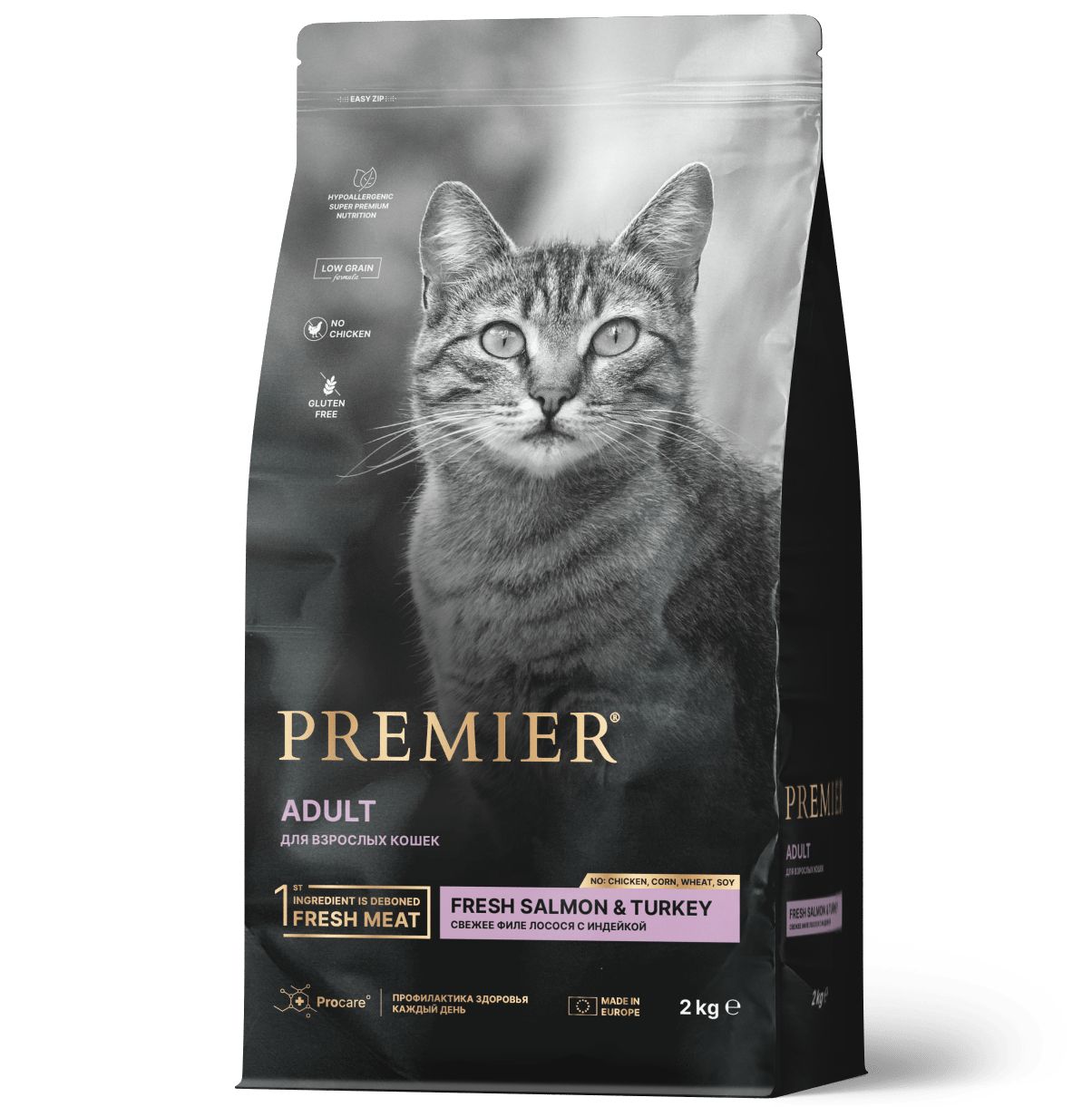 сухой низкозерновой корм для взрослых кошек "premier adult cat fresh salmon&turkey" (премьер) свежее филе лосося с индейкой