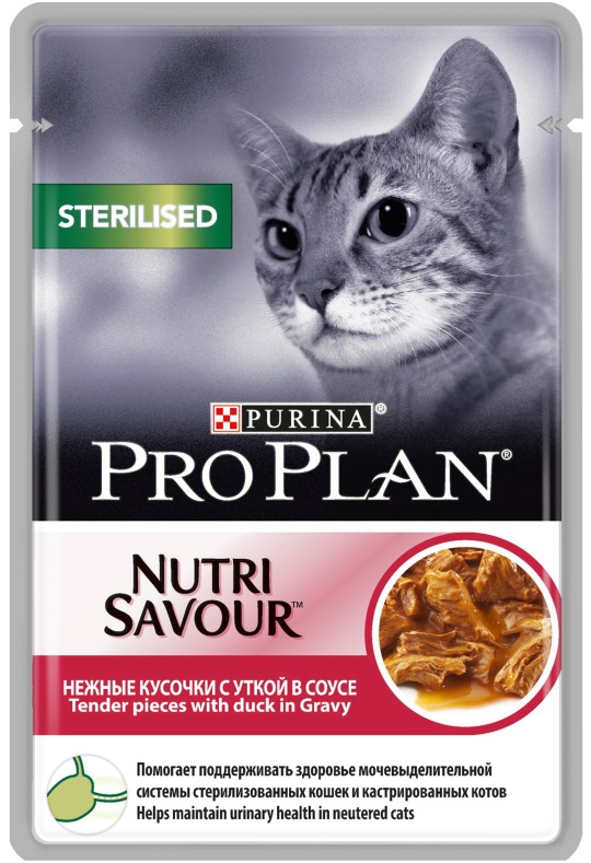 паучи для стерилизованных кошек "pro plan nutrisavour sterilised" (проплан) с уткой в соусе