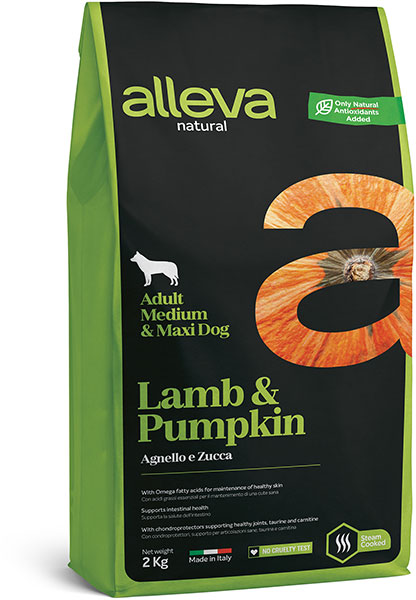 низкозерновой сухой корм для взрослых собак средних и крупных пород "alleva natural lamb & pumpkin medium/maxi"(аллева натурал медиум/макси) ягненок и тыква