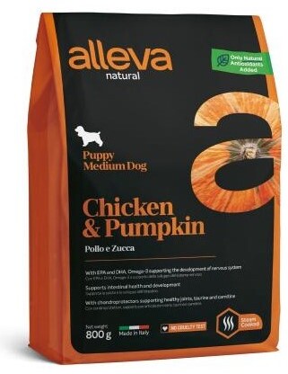 низкозерновой сухой корм для щенков средних пород "alleva natural puppy chicken & pumpkin medium"(аллева натурал паппи медиум) с курицей и тыквой